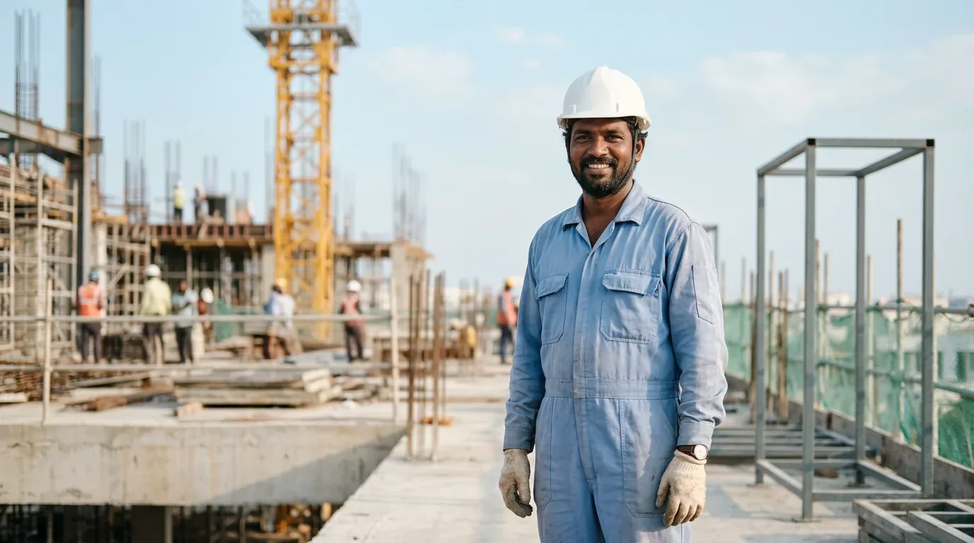 Smiling worker in a white hard hat on a bright construction site