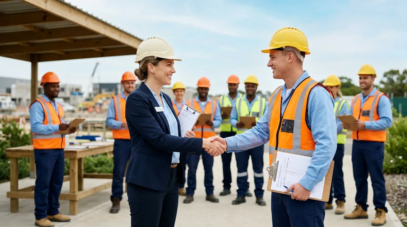 Bridge Manpower coordinator welcoming new workers at a site induction