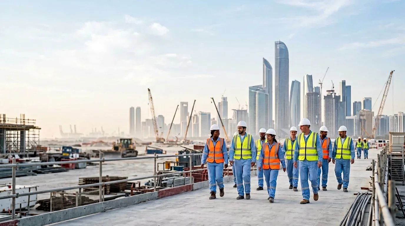 Construction workers in safety vests on a rooftop with towers behind
