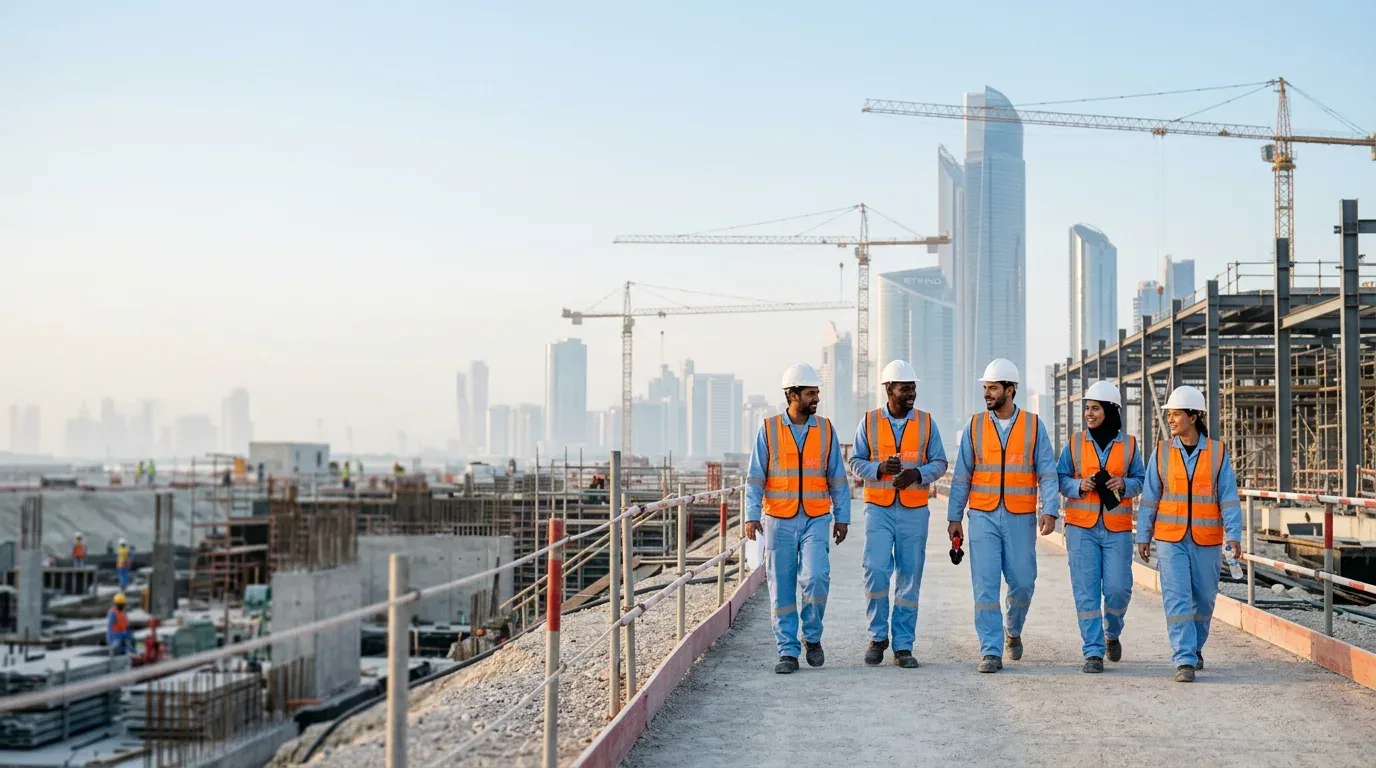 Bridge Manpower site crew walking across a construction deck in Abu Dhabi
