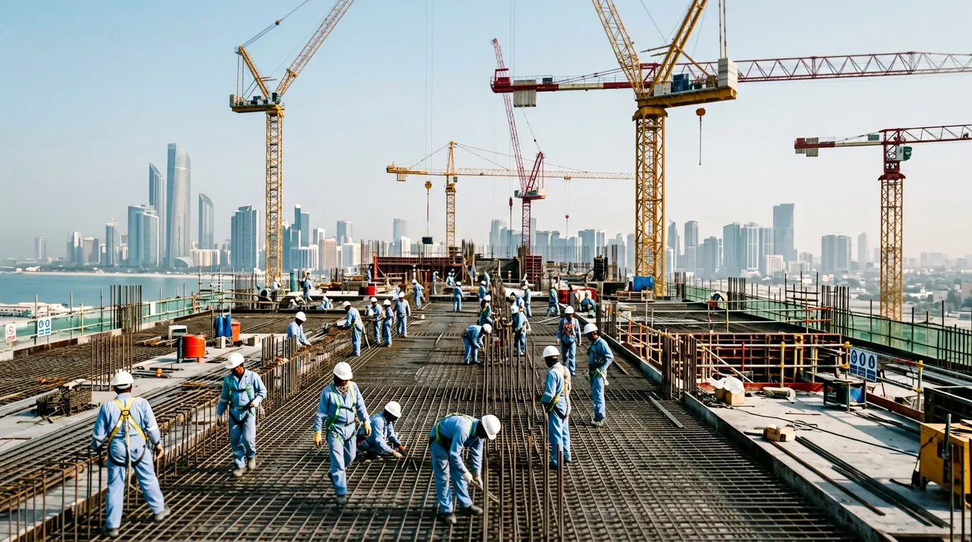 Civil crew fixing steel reinforcement on a slab