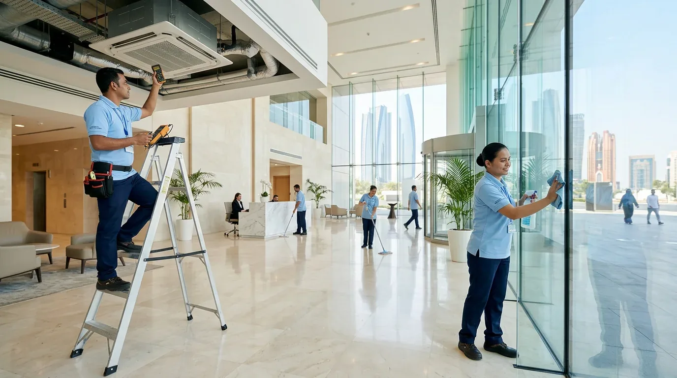 Facility team maintaining a bright office lobby