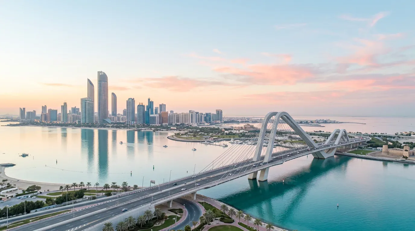 Abu Dhabi skyline and a bridge over calm water at sunrise