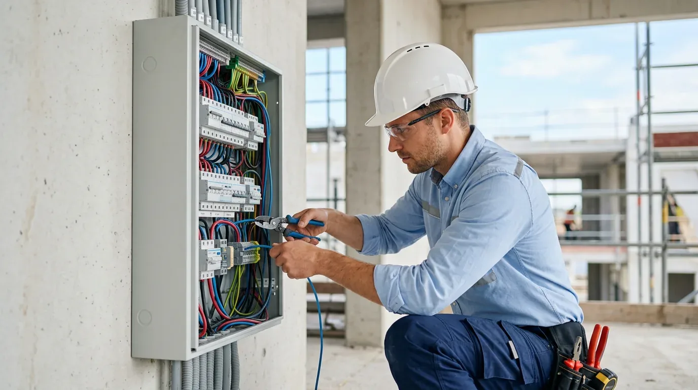 Electrician wiring a distribution panel
