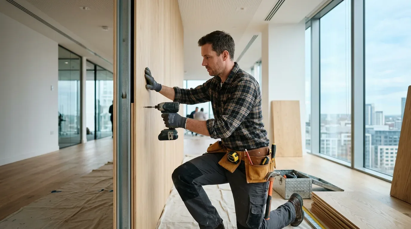 Carpenter installing oak wall panels in a new office
