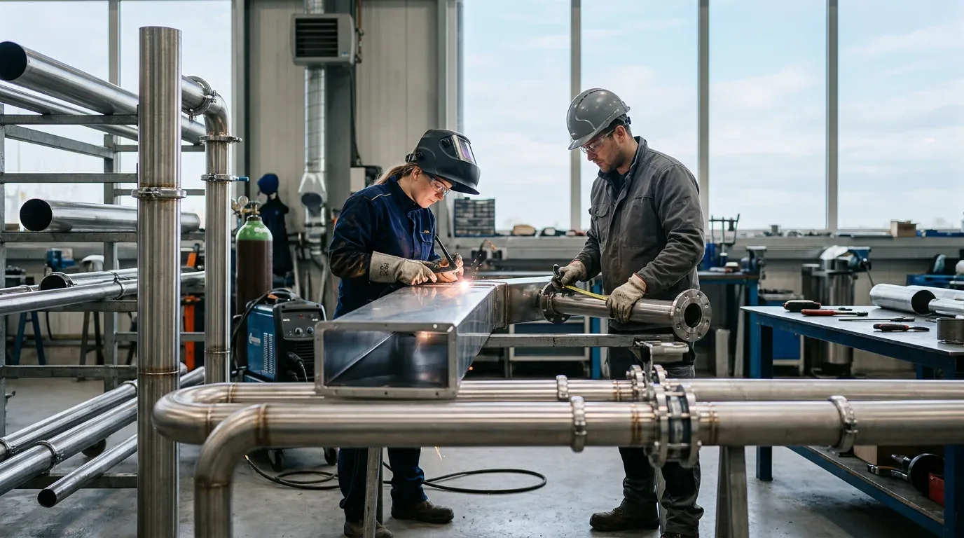 Welder and pipe fitter working on stainless ductwork